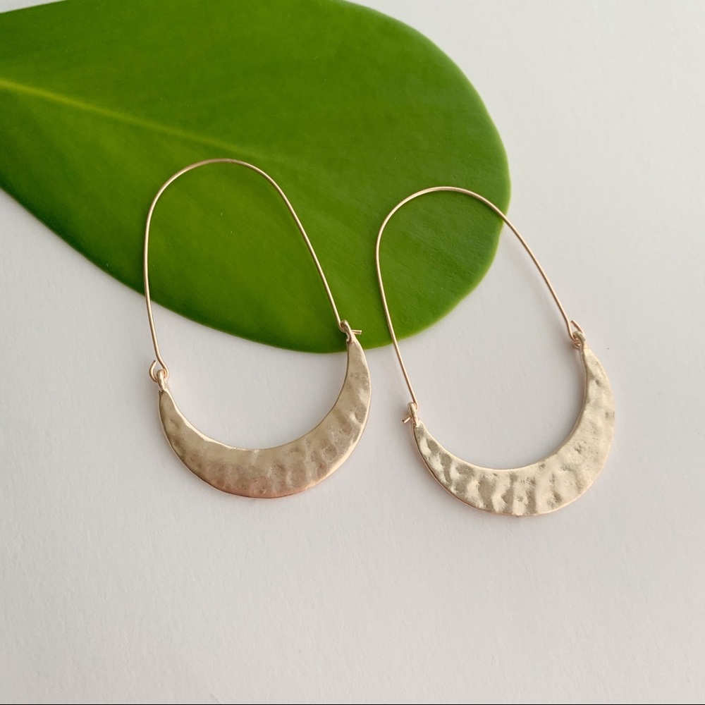 Crescent Moon Hammered Drop Hoop Earrings in Rose